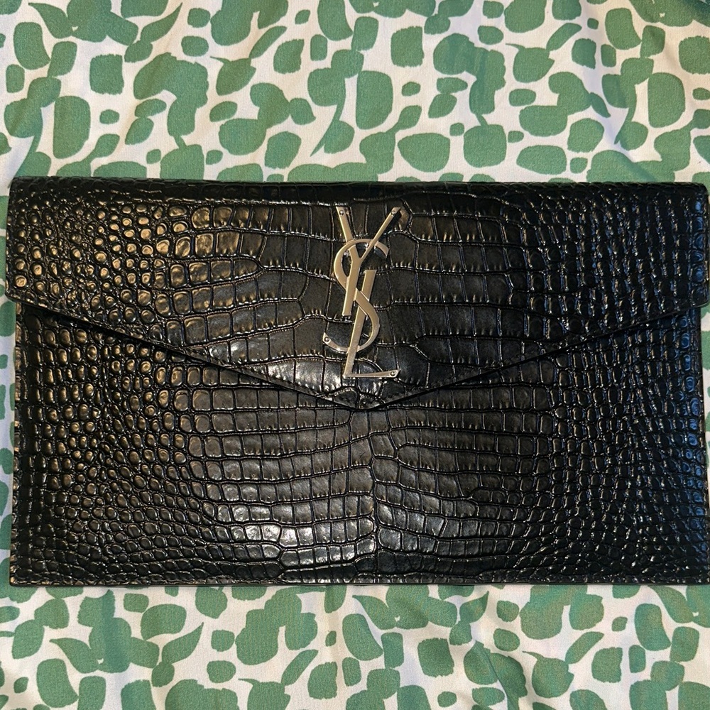 Yves Saint Laurent Black  Croc-Embossed Envelope Clutch with Silver Accent